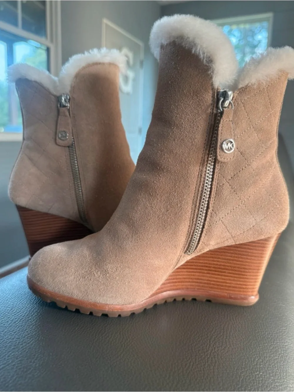 MICHAEL Michael Kors Tan Suede Shearling-Trim Wedge Ankle Boots
